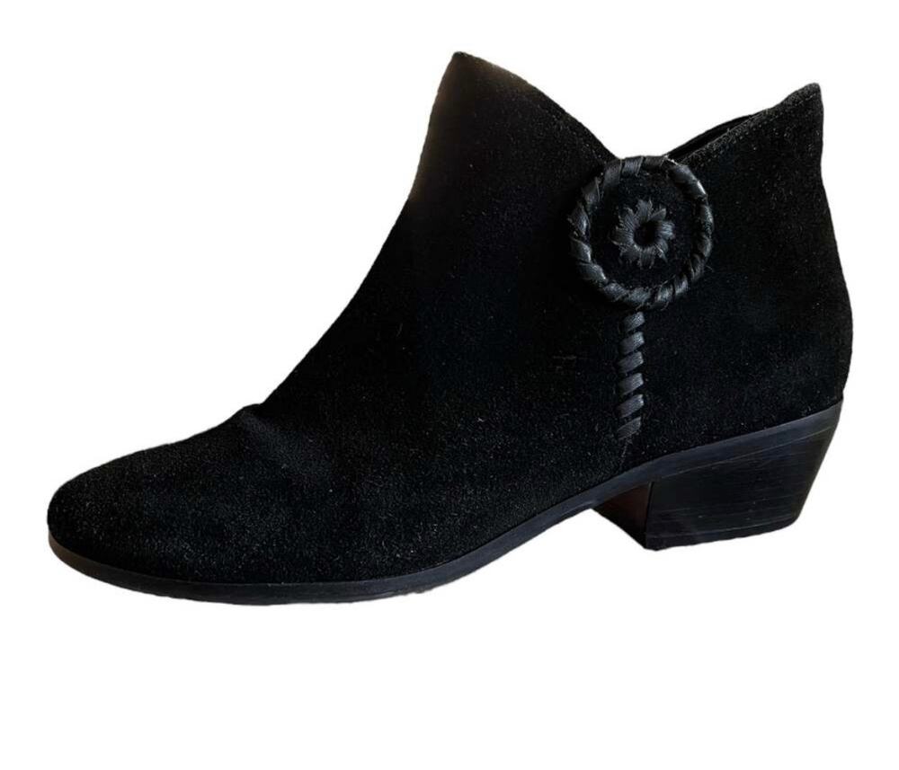 JACK ROGERS Peyton Black Suede Ankle Boots Leather Zipper Block Heels 7.5 EUC